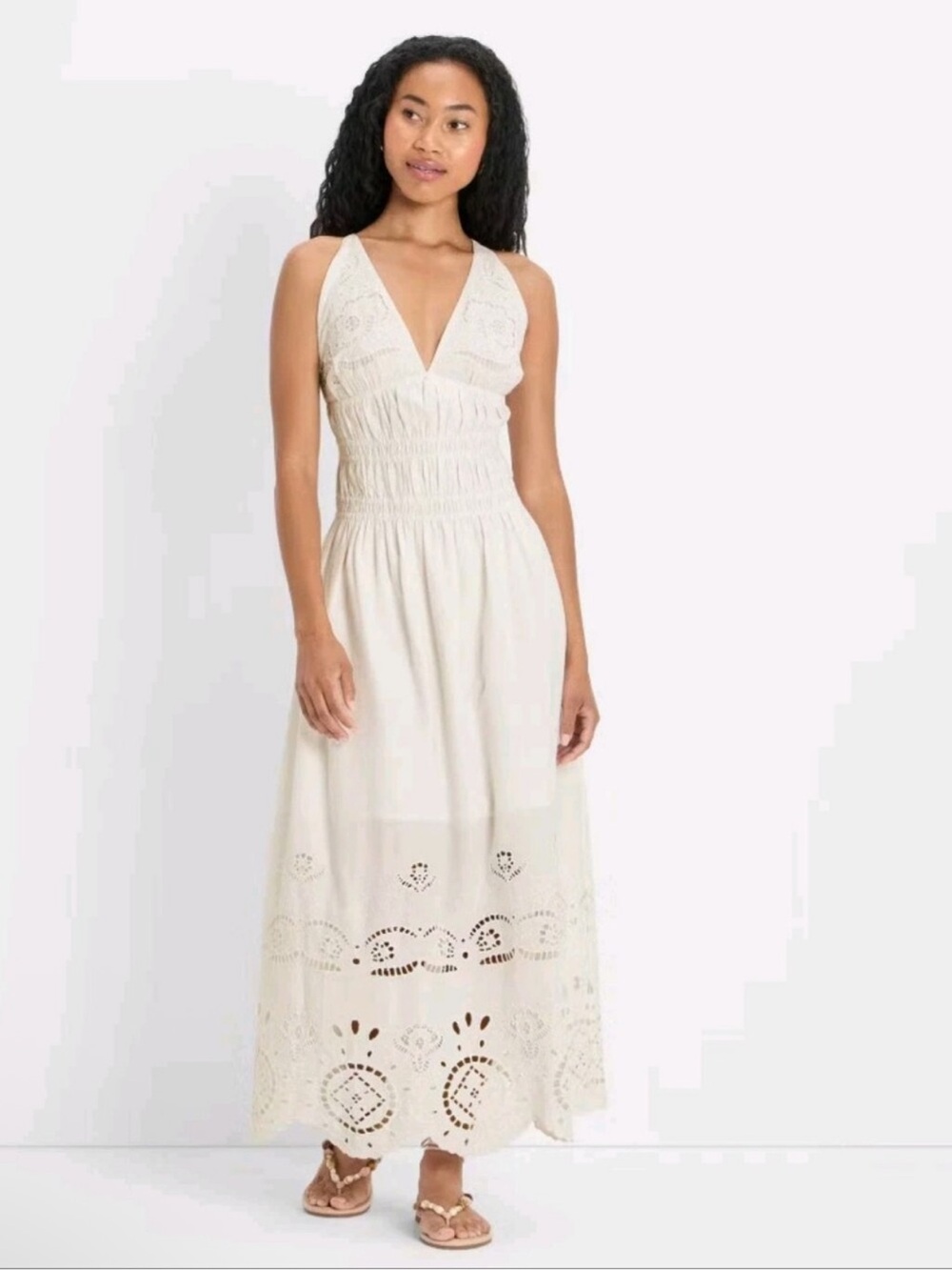 White Eyelet V-Neck Maxi Dress